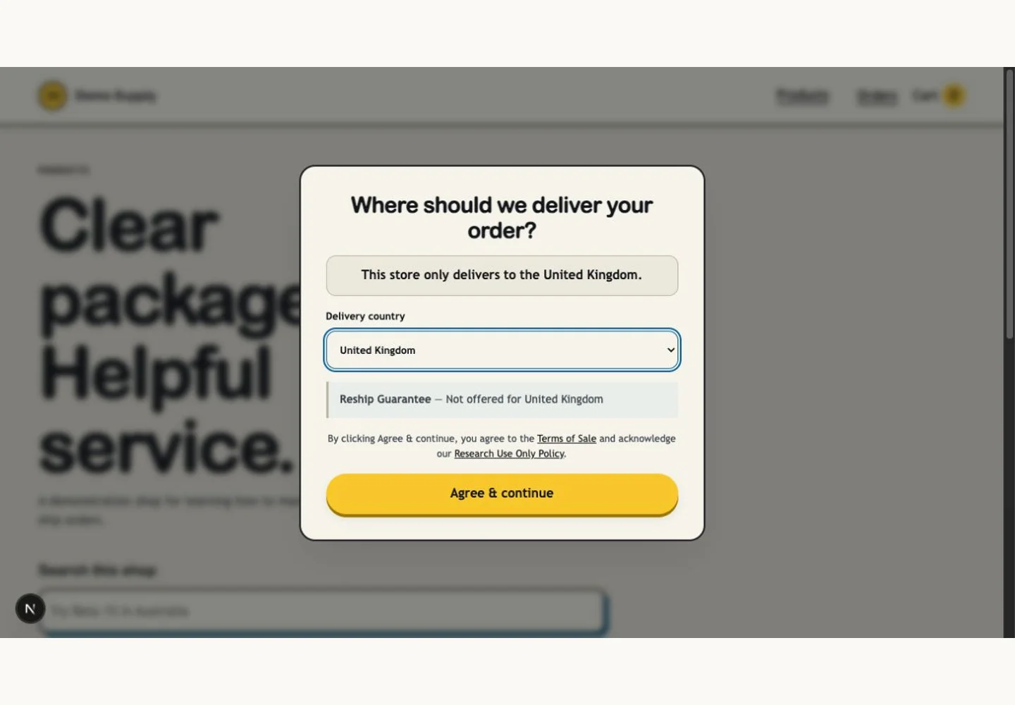 Choose a delivery country — local demo shop