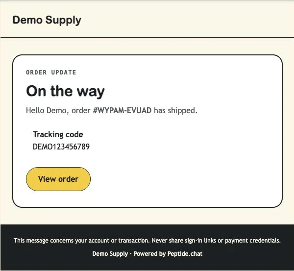 Demo shipment email showing order number, tracking code and View order button